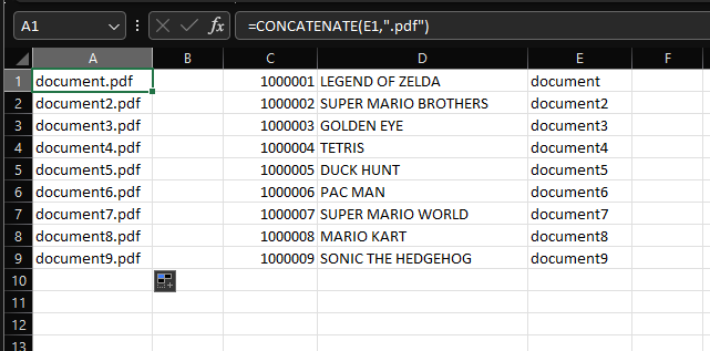 Excel with CONCATENATE formula for original filenames