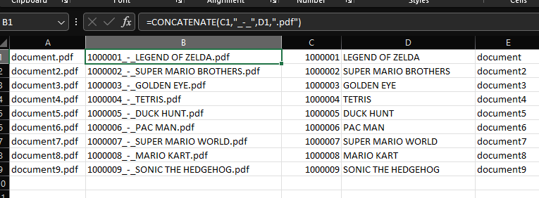 Excel with CONCATENATE formula for new filenames