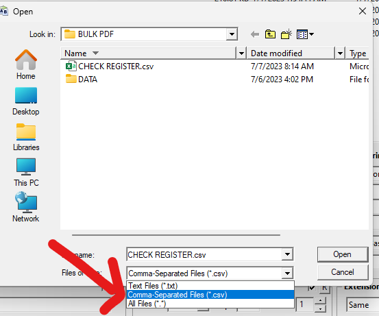 File selection dialog for CSV import