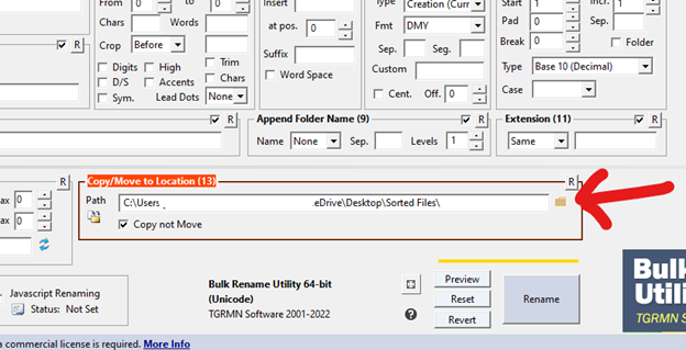 Bulk Rename Utility destination settings