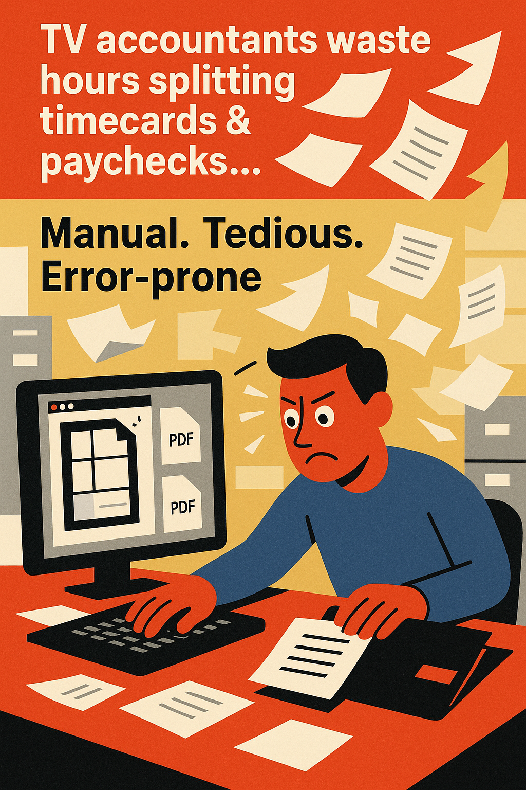 TV accountants waste hours splitting timecards and paychecks - Manual, Tedious, Error-prone